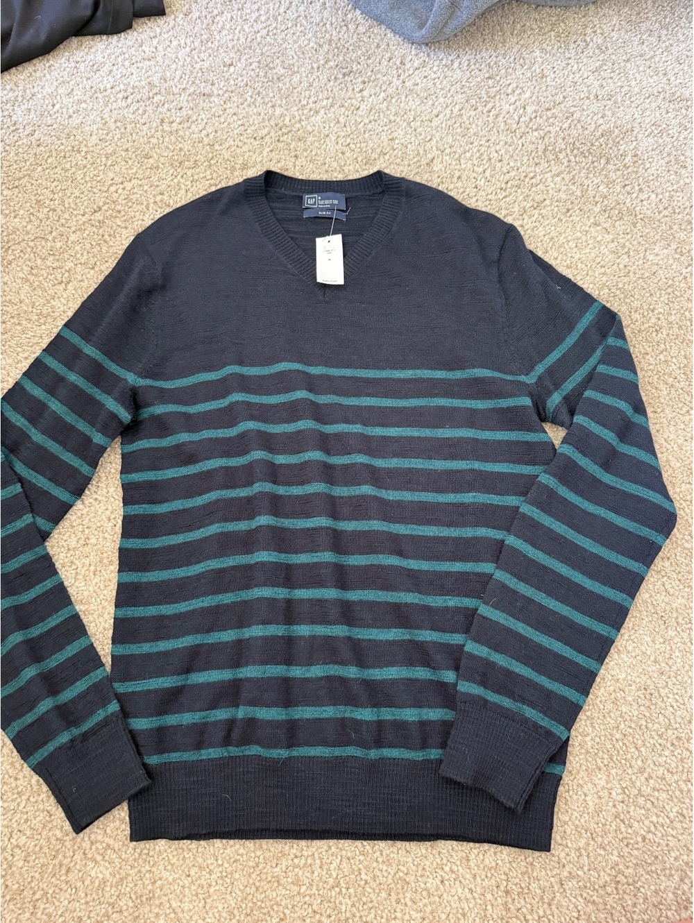 GAP Men's 100% Merino Wool Medium V-Neck Striped Sweater